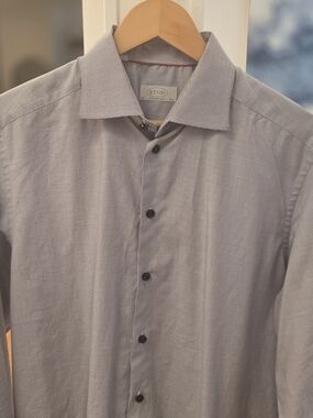 Eton Mens Gray Contemporary Fit Micro Grid Dress Shirt W/ Dark Blue Button 16.5R